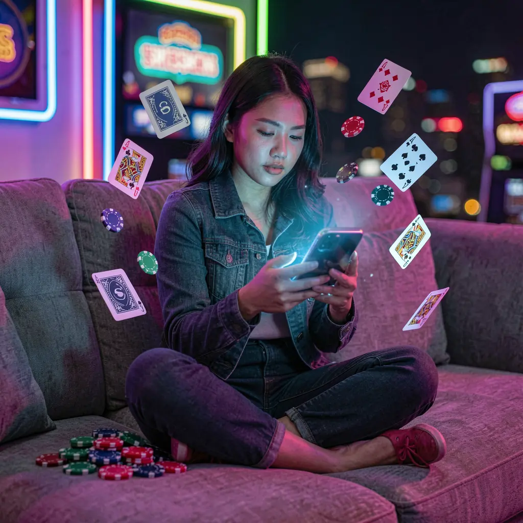 Focused Filipino woman using the Q63 casino app on her smartphone as colorful chips and cards float around her in a dynamic gaming scene