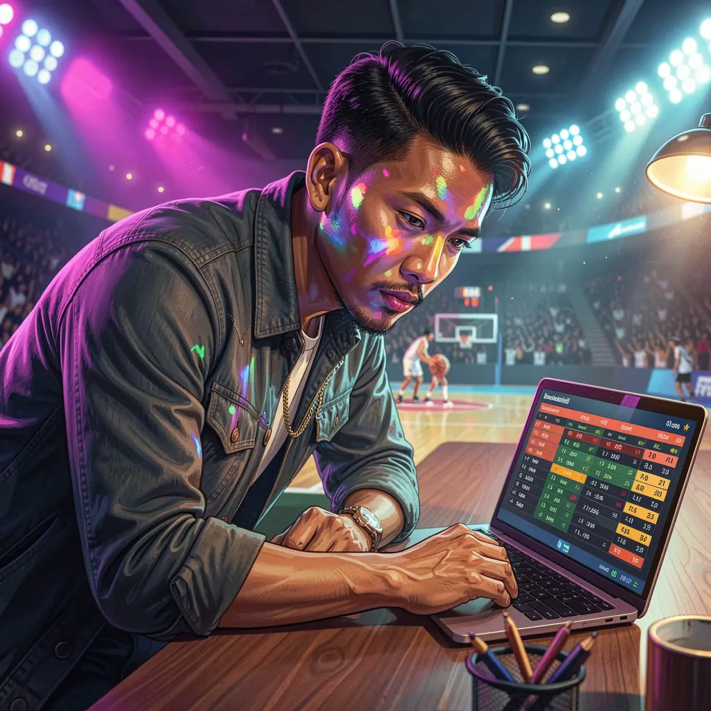 Q63 Bet – Place live sports bets with confidence in the Philippines Focused Filipino bettor analyzing live basketball odds on a laptop with a vibrant stadium background while using Q63 sports betting in the Philippines