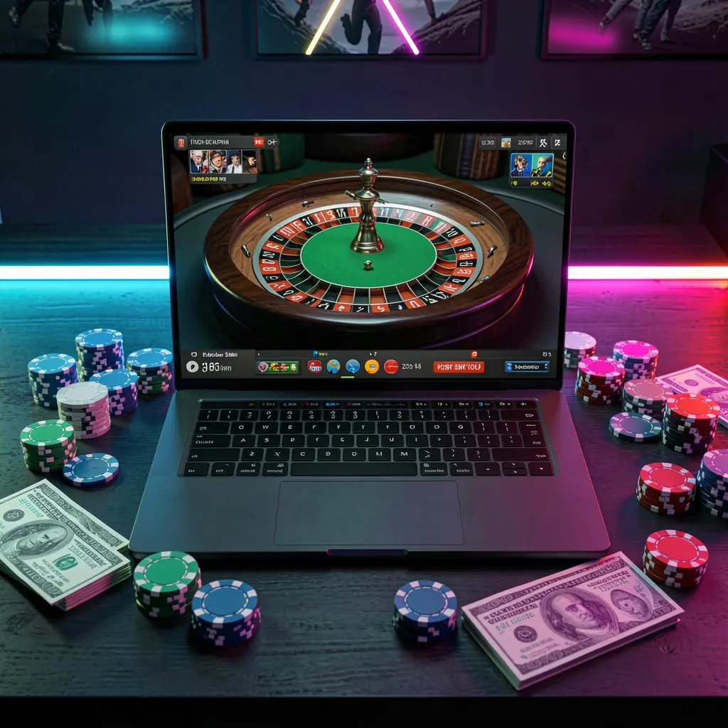 Modern laptop displaying a vibrant online roulette wheel surrounded by casino chips and cash in a neon lit setting representing immersive Q63 casino gameplay for the Philippines