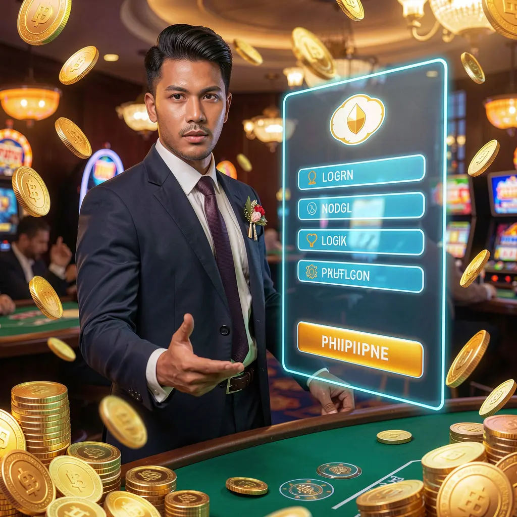 Stylish live casino dealer surrounded by floating gold coins standing in front of a futuristic login interface representing Q63 in the Philippines
